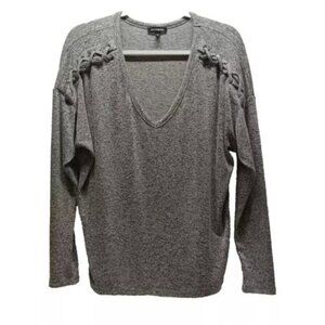 Express V-Neck Women's Medium Heathered Grey Braided Shoulder Long Sleeve Blouse
